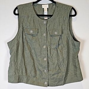 Chico's Women's Linen Army Green Lace Detail Sleeveless Button Up Top Si…